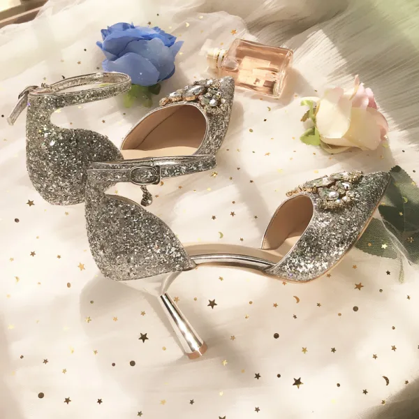 Scintillantes Argenté Cristal Chaussure De Mariée 2020 Bride Cheville Faux Diamant Paillettes 8 cm Talons Aiguilles À Bout Pointu Mariage Talons