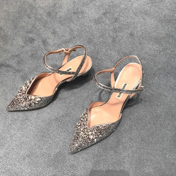 Scintillantes Argenté Soirée Cristal Chaussures Femmes 2020 Bride Cheville Faux Diamant Paillettes 8 cm Talons Aiguilles À Bout Pointu Talons Hauts
