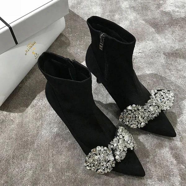 Edles Schwarz Freizeit Stiefel Damen 2020 Strass Schleife 6 cm Stilettos Spitzschuh Stiefel