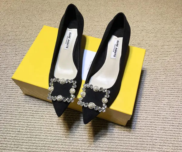 Chic / Beautiful Black Casual Suede Pumps 2020 Rhinestone 5 cm Stiletto Heels Pointed Toe Pumps
