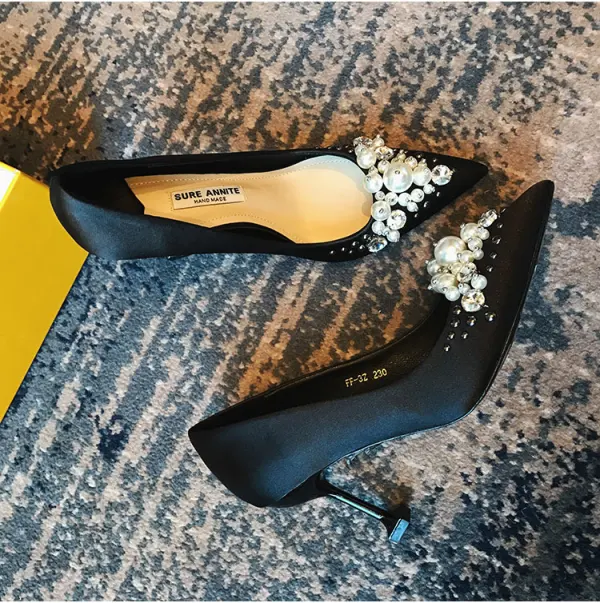 Classy Black Evening Party Satin Pumps 2020 Handmade Pearl Rhinestone 8 cm Stiletto Heels Pointed Toe Pumps