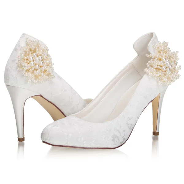 Eleganta Elfenben Satin Spets Pärla Brudskor 2021 8 cm Stilettklackar Spetsiga Bröllop Pumps Högklackade