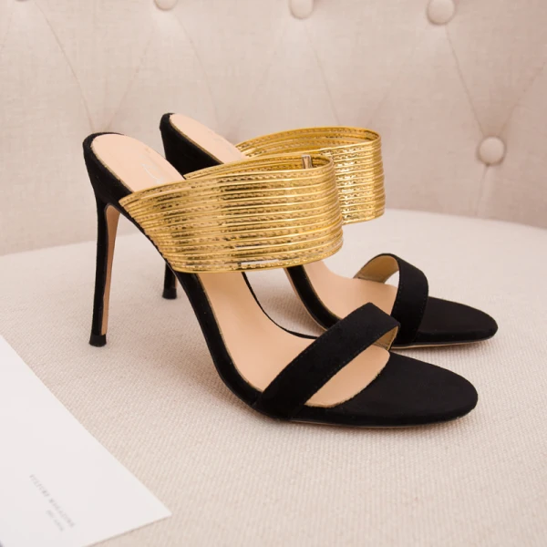 Modest / Simple Summer Black Gold Womens Sandals 2018 Casual Suede Leather 10 cm Stiletto Heels Open / Peep Toe High Heels