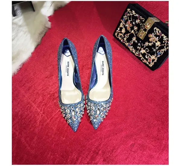 Błyszczące Błękitne Wieczorowe Rhinestone Czółenka 2020 Cekiny 9 cm Szpilki Szpiczaste Czółenka