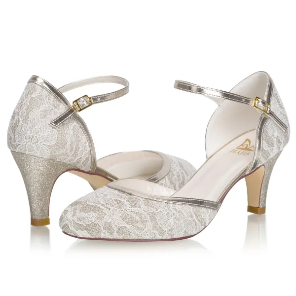 Mode Champagne En Dentelle Chaussure De Mariée 2021 Satin 6 cm Talons Aiguilles À Bout Rond Mariage Talons Hauts