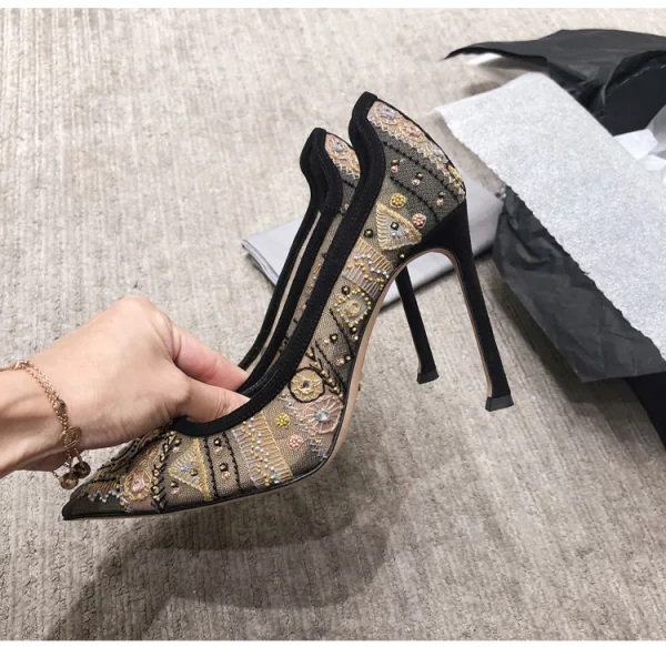 Stijlvolle Zwarte Gala Geborduurde Pumps 2020 Kant 9 cm Naaldhakken / Stiletto Spitse Neus Pumps