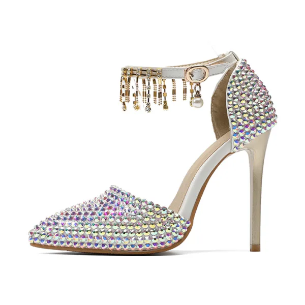 Charmant Multifarben Strass Brautschuhe 2020 Knöchelriemen 11 cm Stilettos Spitzschuh Hochzeit High Heels