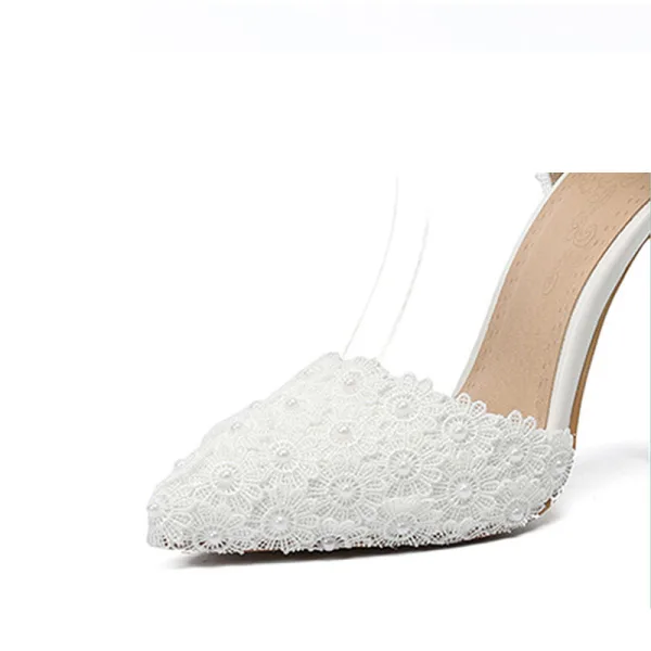 Elegant Ivory Lace Flower Wedding Shoes 2020 Pearl Rhinestone Ankle Strap 11 cm Stiletto Heels Pointed Toe Wedding Heels