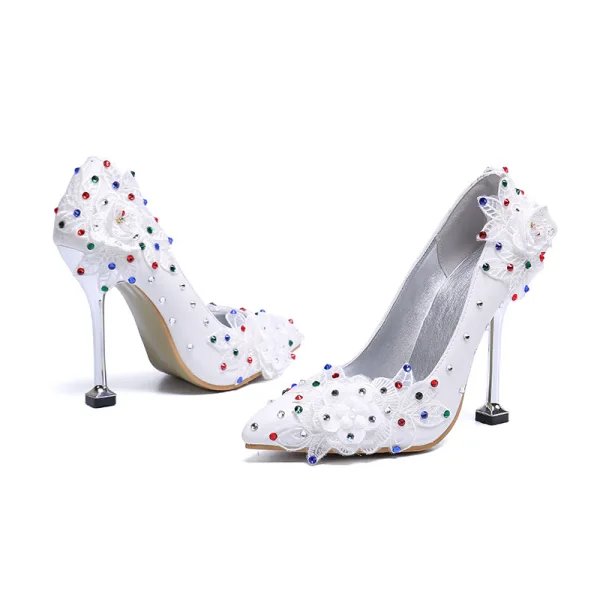 Elegante Ivoor Multi-Kleuren Rhinestone Bruidsschoenen 2020 Appliques Kant Bloem 9 cm Naaldhakken / Stiletto Spitse Neus Huwelijk Pumps