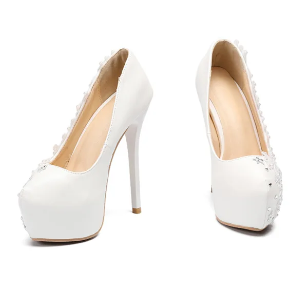 Fashion Ivory Wedding Shoes 2020 Rhinestone Lace Flower 14 cm Stiletto Heels Round Toe Wedding Pumps