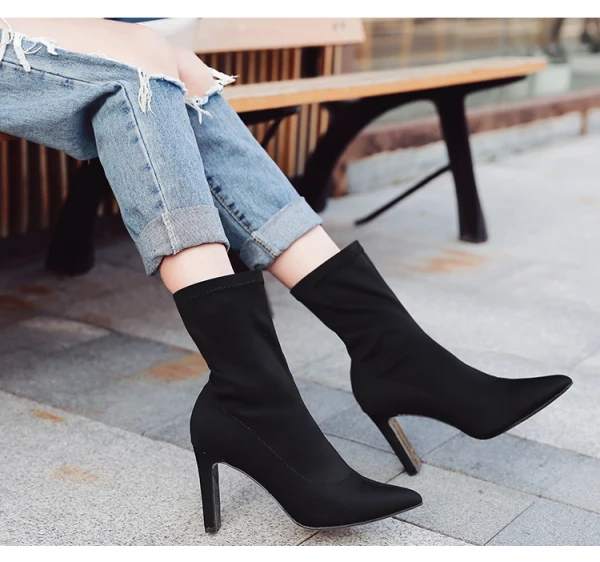High-end Modest / Simple Black Street Wear Womens Boots 2020 Leather Suede 8 cm Stiletto Heels Pointed Toe Boots