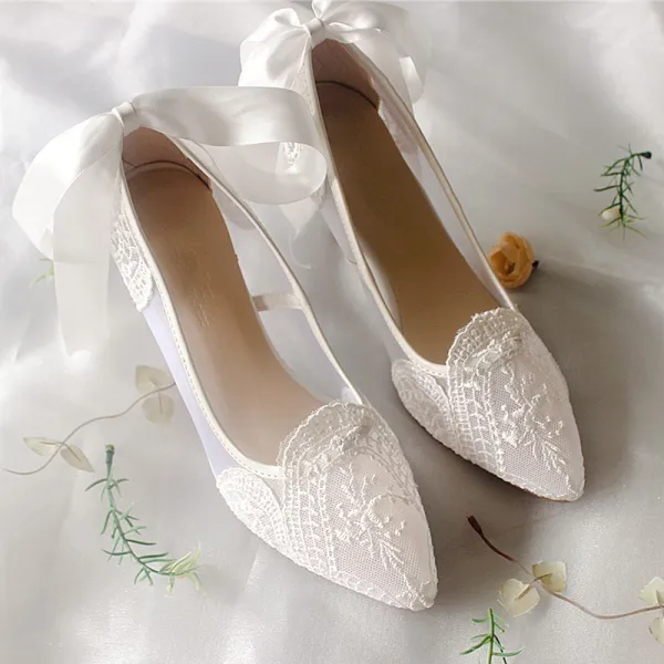 Elegant Ivory Lace Wedding Shoes 2020 Bow 6 cm Stiletto Heels Pointed Toe Wedding Pumps