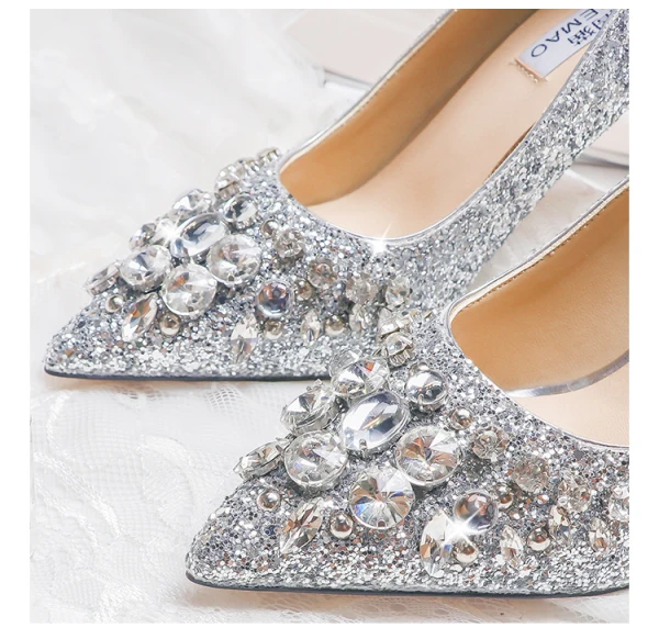 Glittrande Silver Brudskor 2020 Läder Rhinestone Paljetter 10 cm Stilettklackar Spetsiga Bröllop Pumps