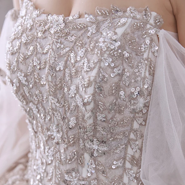 Luxury / Gorgeous Ivory Wedding Dresses 2020 Ball Gown Off-The-Shoulder Beading Crystal Sequins Long Sleeve Backless Royal Train