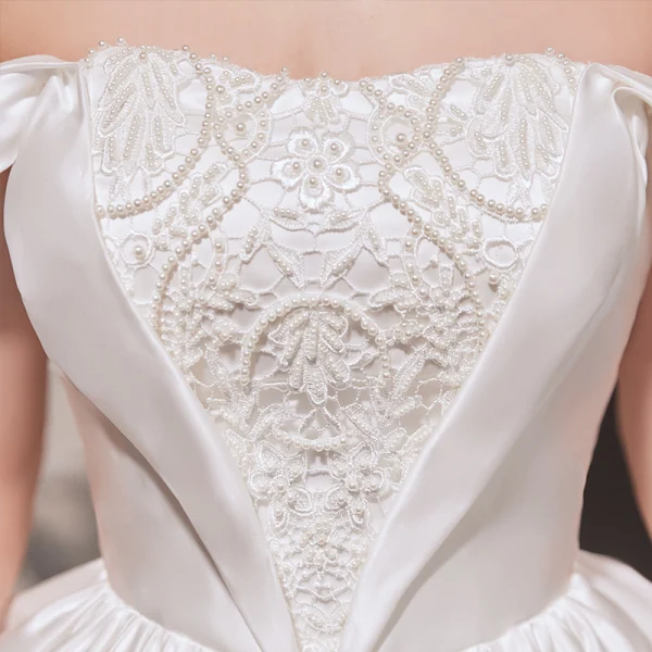 High-end Ivory Satin Wedding Dresses 2020 Ball Gown Off-The-Shoulder Pearl Lace Flower Sleeveless Backless Cathedral Train