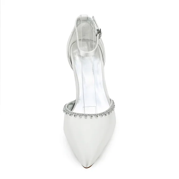 Enkla Elfenben Satin Brudskor 2021 Rhinestone Ankelband 5 cm Stilettklackar Spetsiga Bröllop Sandaler Högklackade