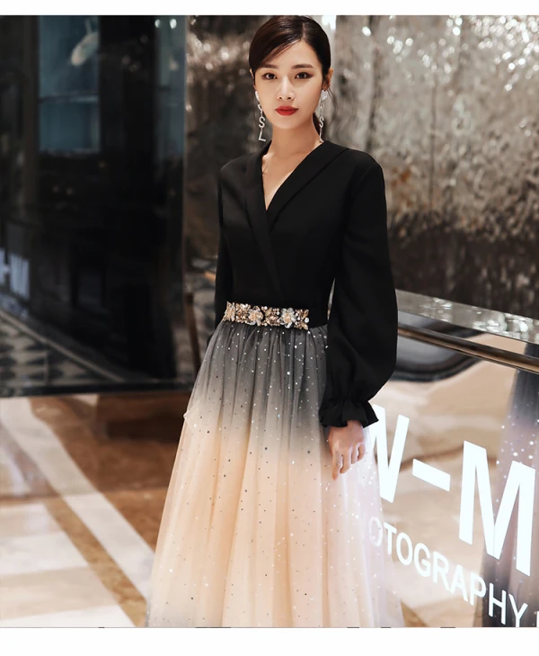 Mode Noire Robe De Soirée 2020 Princesse V-Cou Étoile Paillettes Faux Diamant Manches Longues Longue Robe De Ceremonie