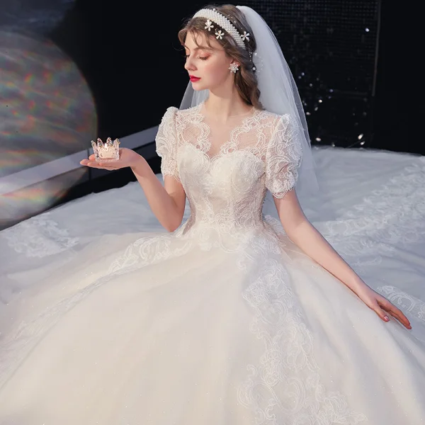 High-end Ivory Lace Flower Wedding Dresses 2020 Ball Gown Scoop Neck Beading Pearl Short Sleeve Covered Button Cathedral Train