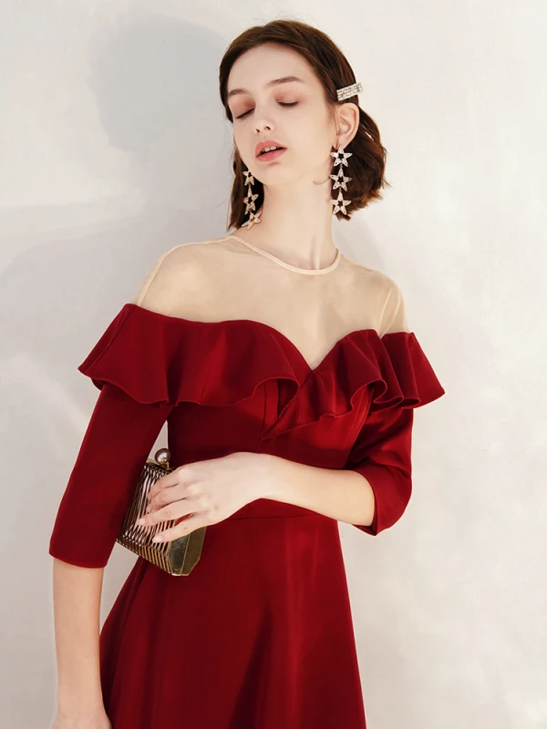 Chic / Belle Noire Robe De Soirée 2020 Princesse Daim Encolure Dégagée 1/2 Manches Mi-Longues Robe De Ceremonie