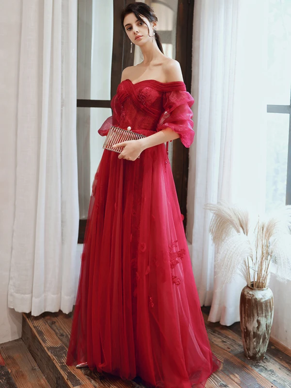 Charmant Bordeaux Robe De Soirée 2020 Princesse De l'épaule Perlage Paillettes En Dentelle Fleur 1/2 Manches Dos Nu Longue Robe De Ceremonie