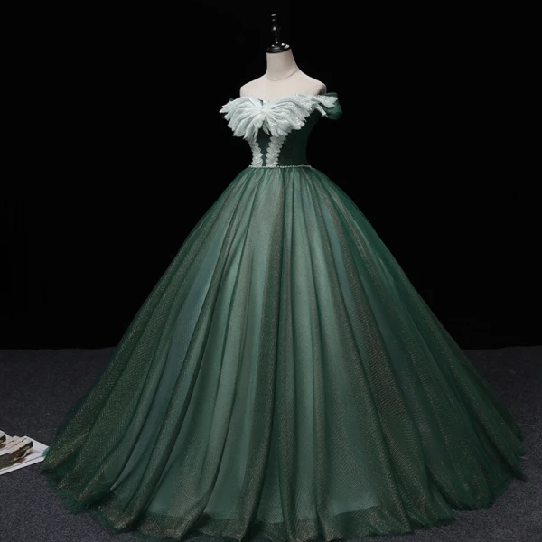 Elegant Dark Green Prom Dresses 2022 Ball Gown Off-The-Shoulder Short Sleeve Sequins Backless Pearl Bow Floor-Length / Long Formal Dresses