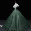 Elegant Dark Green Prom Dresses 2022 Ball Gown Off-The-Shoulder Short Sleeve Sequins Backless Pearl Bow Floor-Length / Long Formal Dresses