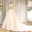Amazing / Unique White Wedding Dresses 2017 Scoop Neck Satin Lace Ruffle Appliques Backless Long Sleeve Covered Button Chapel Train Ball Gown