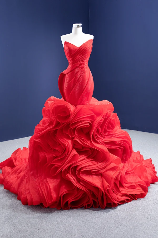 Sexy High-end Red Wedding Dresses 2021 Trumpet / Mermaid Strapless Sleeveless Backless Cascading Ruffles Royal Train Wedding