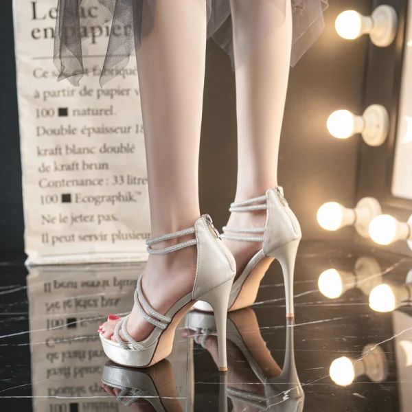 Sexy Noire Soirée Faux Diamant Sandales Femme 2021 Bride Cheville 12 cm Talons Aiguilles Peep Toes / Bout Ouvert Sandales Talons Hauts