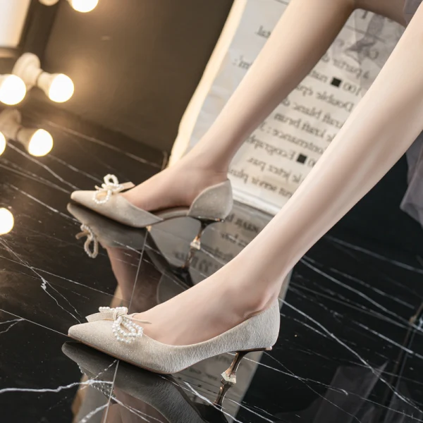 Mode Schwarz Abend Ball Perle Schleife Damenschuhe 2021 6 cm Stilettos Spitzschuh Hochhackige