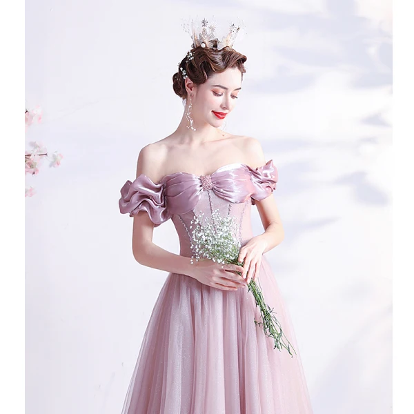 Elegant Dusky Pink Prom Dresses 2021 A-Line / Princess Off-The-Shoulder Glitter Beading Crystal Short Sleeve Backless Floor-Length / Long Prom Formal Dresses