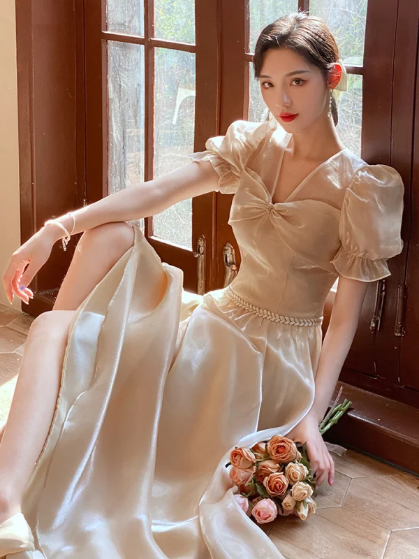 Chic / Beautiful Champagne Bow Bridesmaid Dresses 2021 A-Line / Princess Square Neckline Bell sleeves Floor-Length / Long Prom Wedding Party Dresses