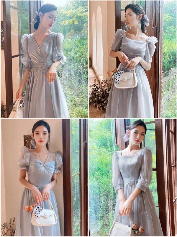 Modest / Simple Grey Bridesmaid Dresses 2021 A-Line / Princess Short Sleeve Bow Backless Tea-length Bridesmaid Wedding Party Dresses
