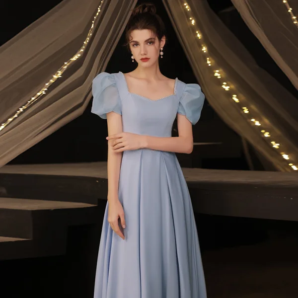 Vintage / Retro Modest / Simple Sky Blue Satin Evening Dresses Prom Dresses 2021 A-Line / Princess Pearl Square Neckline Short Sleeve Backless Floor-Length / Long Formal Dresses