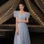 Vintage / Retro Modest / Simple Sky Blue Satin Evening Dresses  Prom Dresses 2021 A-Line / Princess Pearl Square Neckline Short Sleeve Backless Floor-Length / Long Formal Dresses