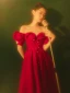 Chic / Beautiful Red Prom Dresses 2021 A-Line / Princess Off-The-Shoulder Beading Pearl Short Sleeve Backless Floor-Length / Long Prom Formal Dresses