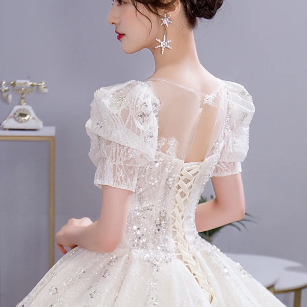 Vintage / Retro Ivory Beading Sequins Lace Flower Wedding Dresses 2021 Ball Gown Scoop Neck Short Sleeve Backless Royal Train Wedding