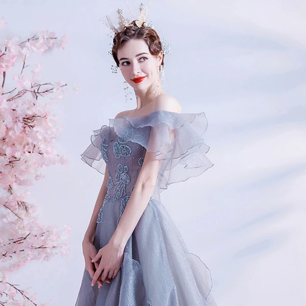 Moderne / Mode Bleu Ciel Volants en Cascade Robe De Bal Bretelles croisées 2021 Princesse De l'épaule Perlage Cristal Perle Faux Diamant Manches Courtes Dos Nu Longue Promo Robe De Ceremonie