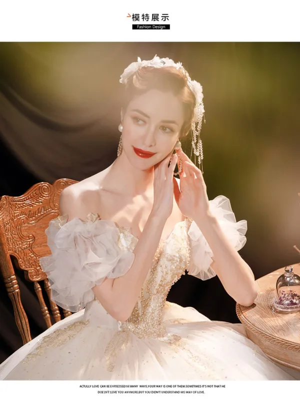Affordable Charming Ivory Beading Pearl Sequins Wedding Dresses 2021 Ball Gown Off-The-Shoulder Ruffle Short Sleeve Backless Chapel Train Wedding