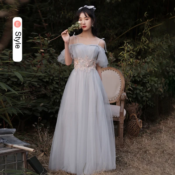 Chic / Beautiful Grey Bridesmaid Dresses 2021 A-Line / Princess Scoop Neck Lace Flower 1/2 Sleeves Backless Floor-Length / Long Bridesmaid Wedding Party Dresses