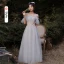 Chic / Beautiful Grey Bridesmaid Dresses 2021 A-Line / Princess Scoop Neck Lace Flower 1/2 Sleeves Backless Floor-Length / Long Bridesmaid Wedding Party Dresses