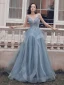 Chic / Belle Bleu Ciel Volants en Cascade Robe De Bal 2021 Princesse Bretelles Spaghetti Perlage En Dentelle Fleur Sans Manches Dos Nu Longue Promo Robe De Ceremonie