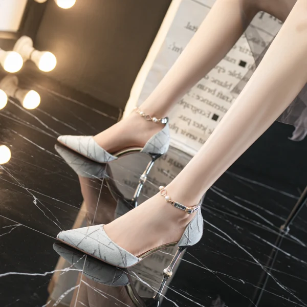 Mode Noire Soirée Sandales Femme 2021 Perle Faux Diamant Bride Cheville 9 cm Talons Aiguilles À Bout Pointu Talons Hauts