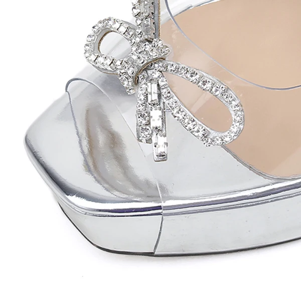 Sexy Transparent Doré Faux Diamant Noeud Club de carnaval Sandales Femme 2021 14 cm Talons Épais À Bout Pointu Sandales Talons Hauts