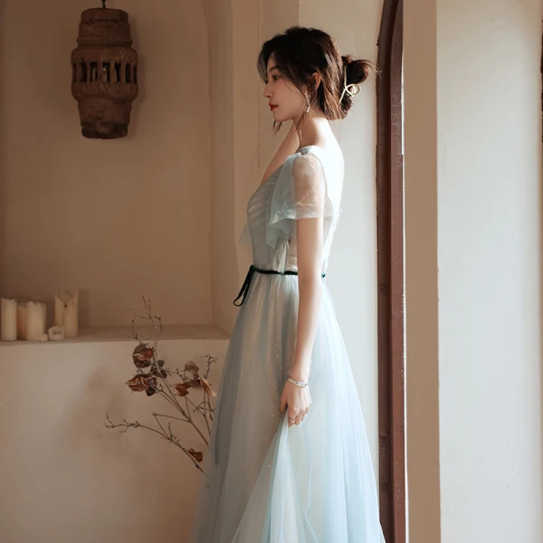Modest / Simple Sky Blue Bridesmaid Dresses 2021 A-Line / Princess Short Sleeve Backless Bow Sash Floor-Length / Long Bridesmaid Wedding Party Dresses