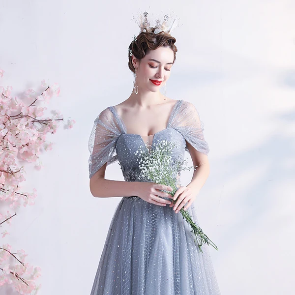 Chic / Belle Gris Robe De Bal 2021 Princesse Encolure Carrée Manches Courtes Dos Nu Perlage Perle En Dentelle Fleur Longue Promo Robe De Ceremonie