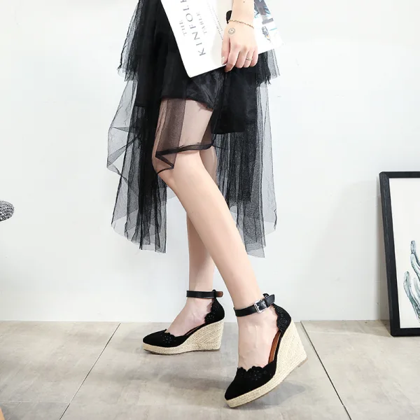 Chic / Beautiful Beige Casual Pierced Flower Womens Shoes 2021 Ankle Strap 10 cm Wedges Pointed Toe Sandals High Heels