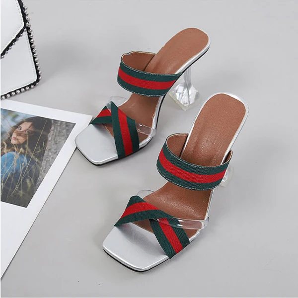 Chic / Beautiful Silver Striped Street Wear Womens Sandals 2021 9 cm Stiletto Heels Open / Peep Toe Sandals High Heels
