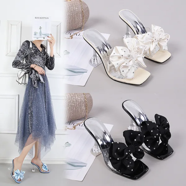 Mode Noire Vêtement de rue Noeud Faux Diamant Sandales Femme 2021 9 cm Talons Aiguilles Peep Toes / Bout Ouvert Sandales Talons Hauts