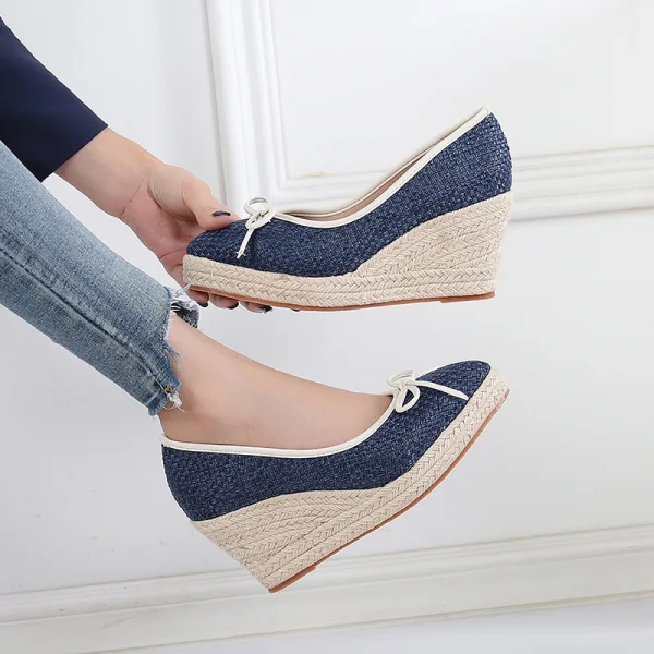 Chic / Beautiful Ocean Blue Street Wear Braid Bow Womens Shoes 2021 7 cm Wedges Platform Pointed Toe Sandals